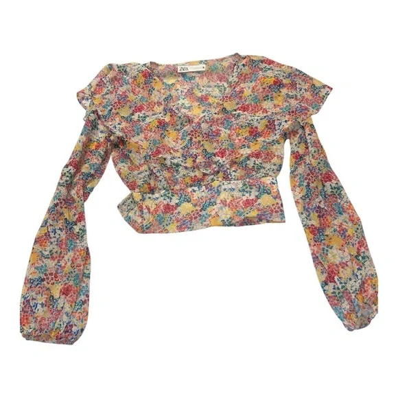 ZARA Floral Chiffon Boho Crop Top Size X-Small floral colorful Summer top - Picture 6 of 9
